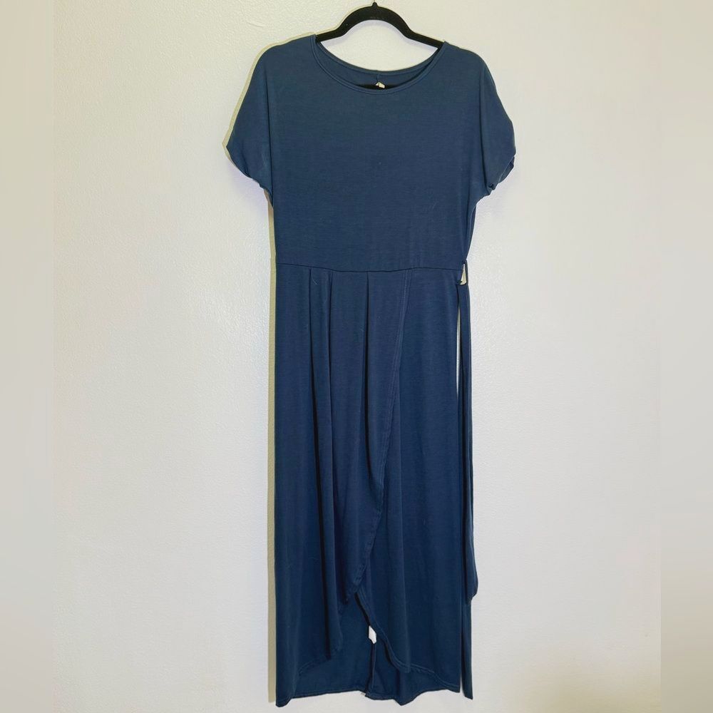 Casual Teal Midi Dress Tulip Hem Belted - size L (may run small for some)